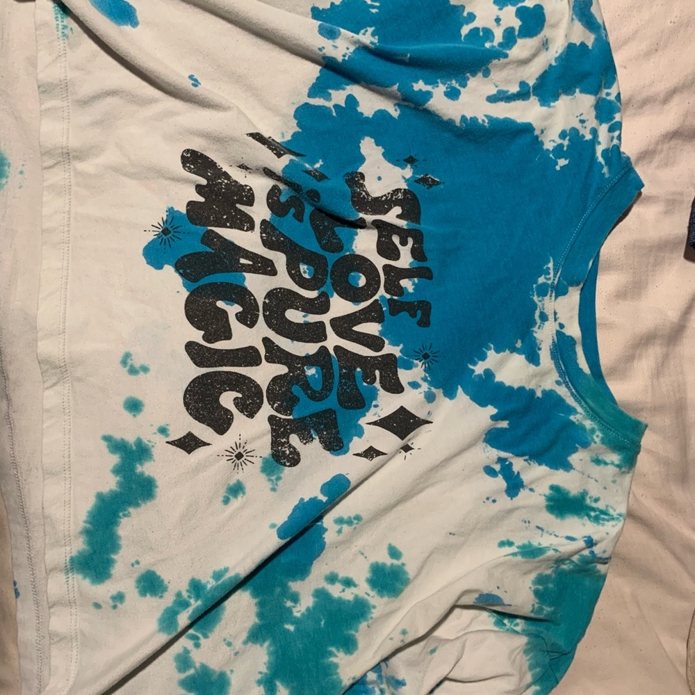 Blue and White Shirt with Graphic Print